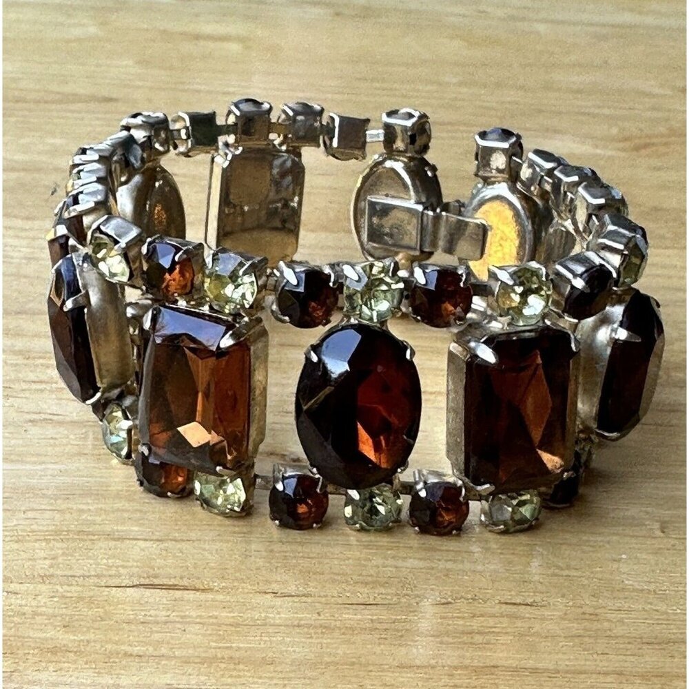 Vintage Link Bracelet Size 7 Amber Yellow Rhinestones Crystal Glass Gold Plated